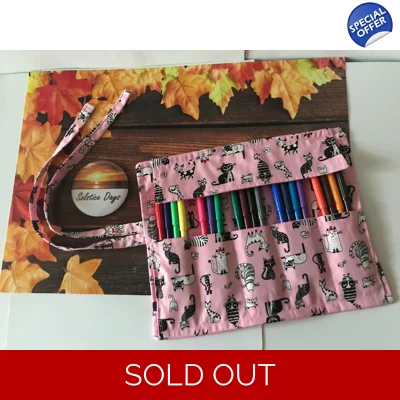 Pink cat roll up pencil case for kids, cats fabric pencil roll, fabric stationary pouch